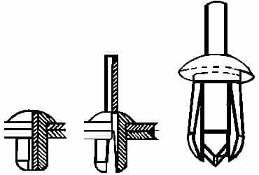 Made in USA - Round Head Nylon Push Mount Blind Rivet - Nylon Mandrel, 0.093" to 0.35" Grip, 0.38" Head Diam, 0.187" Max Hole Diam, 0.45" Length Under Head, 1/8" Body Diam - Strong Tooling