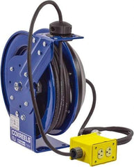 CoxReels - 12 AWG, 75' Cable Length, Cord & Cable Reel with Quad Outlet End - 4 Outlets, NEMA 5-20R, 20 Amps, 115 Volts, SJO Cable, Blue Reel, Spring Driven Reel - Strong Tooling