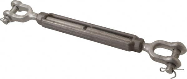 Made in USA - 2,200 Lb Load Limit, 1/2" Thread Diam, 6" Take Up, Stainless Steel Jaw & Jaw Turnbuckle - 7-1/2" Body Length, 3/4" Neck Length, 13" Closed Length - Strong Tooling