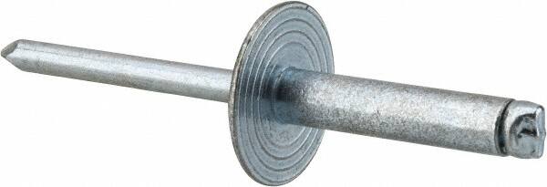 RivetKing - Size 610 Large Flange Dome Head Steel Open End Blind Rivet - Steel Mandrel, 0.501" to 5/8" Grip, 5/8" Head Diam, 0.192" to 0.196" Hole Diam, 0.825" Length Under Head, 3/16" Body Diam - Strong Tooling