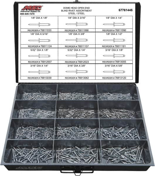 Value Collection - 1,100 Piece, 1/8 to 3/16" Hole Diam, Dome Head, Steel Blind Rivet Assortment - 1/8 to 5/8" Length, Steel Mandrel - Strong Tooling