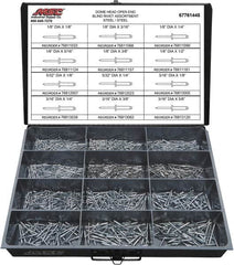 Value Collection - 1,100 Piece, 1/8 to 3/16" Hole Diam, Dome Head, Steel Blind Rivet Assortment - 1/8 to 5/8" Length, Steel Mandrel - Strong Tooling