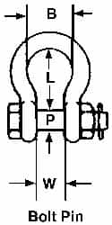 Campbell - 1-3/4" Nominal Chain Size, 25. Ton Carbon Steel Bolt Anchor Shackle - 1-3/4" Diam, 1-3/4" Pin Diam, 7" High x 2-7/8" Wide Inside Jaw, 4-3/4" Inside Width, 4" Max Body Thickness - Strong Tooling