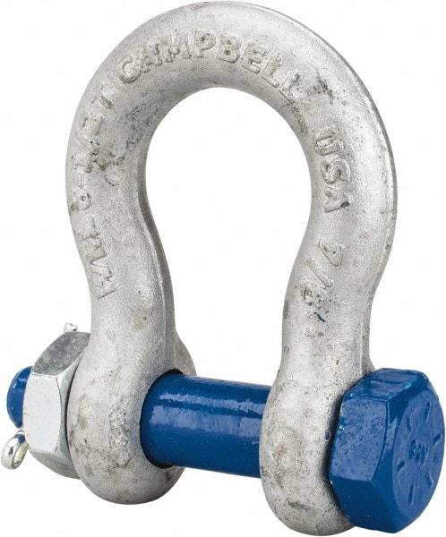 Campbell - 7/8" Nominal Chain Size, 6.5 Ton Carbon Steel Bolt Anchor Shackle - 7/8" Diam, 7/8" Pin Diam, 3-1/8" High x 1-7/16" Wide Inside Jaw, 2-1/16" Inside Width, 2" Max Body Thickness - Strong Tooling