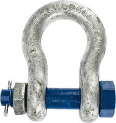 Campbell - 1" Nominal Chain Size, 8.5 Ton Carbon Steel Bolt Anchor Shackle - 1" Diam, 1" Pin Diam, 3-3/4" High x 1-11/16" Wide Inside Jaw, 2-1/2" Inside Width, 2-3/8" Max Body Thickness - Strong Tooling