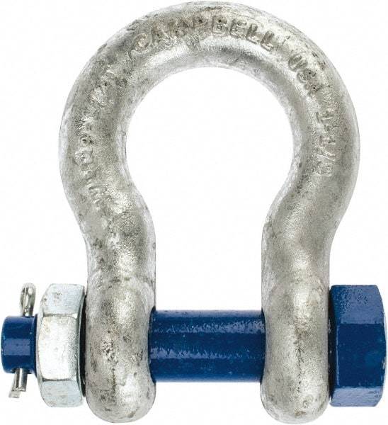 Campbell - 1-1/8" Nominal Chain Size, 9.5 Ton Carbon Steel Bolt Anchor Shackle - 1-1/8" Diam, 1-1/8" Pin Diam, 4-1/4" High x 1-13/16" Wide Inside Jaw, 2-15/16" Inside Width, 2-5/8" Max Body Thickness - Strong Tooling