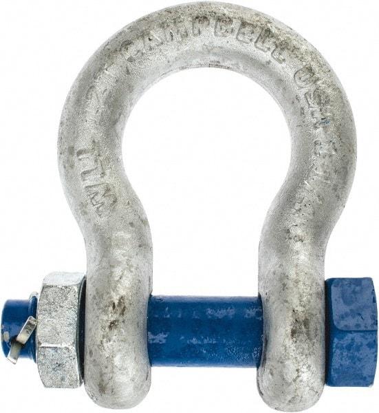 Campbell - 1-1/4" Nominal Chain Size, 12 Ton Carbon Steel Bolt Anchor Shackle - 1-1/4" Diam, 1-1/4" Pin Diam, 4-1/2" High x 2" Wide Inside Jaw, 3-1/4" Inside Width, 3" Max Body Thickness - Strong Tooling