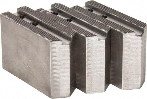 H & R Manufacturing - 1.5mm x 60° Serrated Attachment, Square Soft Lathe Chuck Jaw - 3 Jaws, Steel, 1.181" Btw Mount Hole Ctrs, 5" Long x 1-3/4" Wide x 3-1/2" High, 0.63" Groove, 12mm Fastener - Strong Tooling