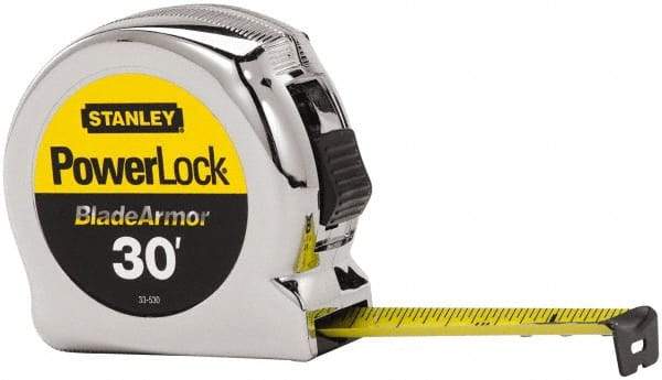 Stanley - 30' x 1" Yellow Blade Tape Measure - 1/16" Graduation, Inch Graduation Style, Silver Case - Strong Tooling