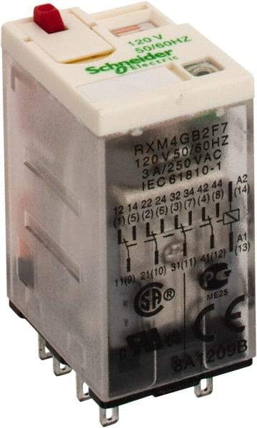 Square D - 14 Pins, 1.2 VA Power Rating, Ice Cube Electromechanical Plug-in General Purpose Relay - 3 Amp at 277 VAC, 4PDT, 120 VAC, 21mm Wide x 40mm High x 27mm Deep - Strong Tooling