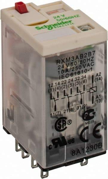 Square D - 11 Pins, 1.2 VA Power Rating, Ice Cube Electromechanical Plug-in General Purpose Relay - 10 Amp at 277 VAC, 3PDT, 24 VAC, 21mm Wide x 40mm High x 27mm Deep - Strong Tooling