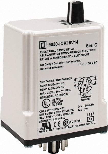 Square D - 8 Pin, 3 min Delay, DPDT Time Delay Relay - 10 Contact Amp, 24 VAC/VDC - Strong Tooling