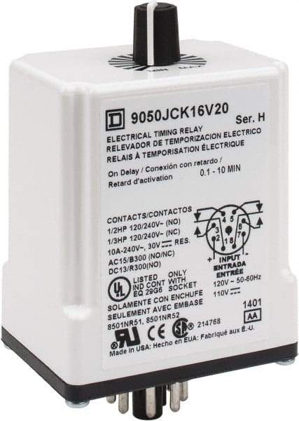 Square D - 8 Pin, 10 min Delay, DPDT Time Delay Relay - 10 Contact Amp, 110 VDC & 120 VAC - Strong Tooling