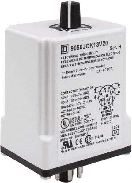 Square D - 8 Pin, 1 min Delay, Multiple Range DPDT Time Delay Relay - 10 Contact Amp, 110 VDC & 120 VAC - Strong Tooling