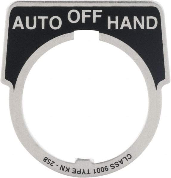 Square D - Metal Legend Plate - Auto-Off-Hand - Black Background, White Letters, 30mm Hole Diameter - Strong Tooling