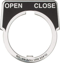 Square D - Half Round, Aluminum Legend Plate - Open-Close - Black Background, White Letters, 1.18 Inch Hole Diameter - Strong Tooling