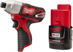 Milwaukee Tool - 12 Volt, 1/4" Drive, 1,000 In/Lb Torque, Cordless Impact Driver - Pistol Grip Handle, 2500 RPM, 1 Lithium-Ion Battery Included - Strong Tooling