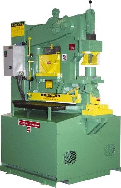 Uni-Hydro - 9" Throat Depth, 80 Ton Punch Pressure, 2" in 1/2" Punch Capacity Ironworker - 7-1/2 hp, 3 Phase, 220/480 Volts, 46" Wide x 70" High x 37" Deep - Strong Tooling