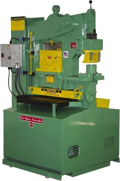 Uni-Hydro - 9" Throat Depth, 80 Ton Punch Pressure, 2" in 1/2" Punch Capacity Ironworker - 7-1/2 hp, 3 Phase, 220/480 Volts, 46" Wide x 70" High x 37" Deep - Strong Tooling