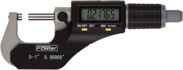 Fowler - 0 to 1" Range, 0.00005" Resolution, Standard Throat IP54 Electronic Outside Micrometer - 0.00016" Accuracy, Ratchet Stop Thimble, Carbide Face, CR2032 Battery - Strong Tooling