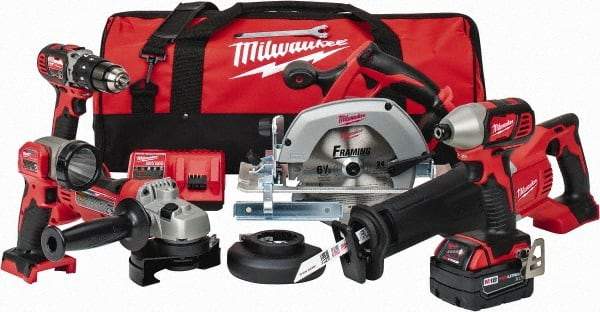 Milwaukee Tool - 18 Volt Cordless Tool Combination Kit - Includes 1/2" Hammer Drill Driver, 1/4" Impact Driver, 1-Hour Charger, Circular Saw, Contractor Bag, Cut-Off Grinder, Reciprocating Saw, Sawzall Blade & Work Light, Lithium-Ion Battery Included - Strong Tooling