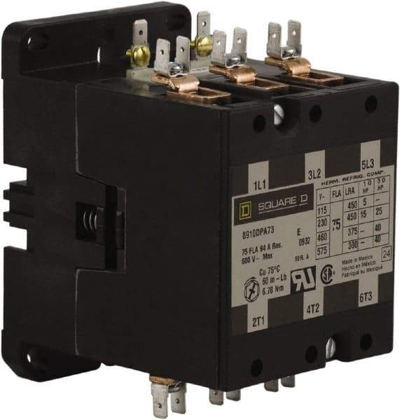 Square D - 3 Pole, 75 Amp Inductive Load, 24 Coil VAC at 50/60 Hz, Definite Purpose Contactor - Phase 1 and Phase 3 Hp:  15 at 230 VAC, 25 at 230 VAC, 40 at 460 VAC, 40 at 575 VAC, 5 at 115 VAC, 94 Amp Resistive Rating, CE, CSA, UL Listed - Strong Tooling