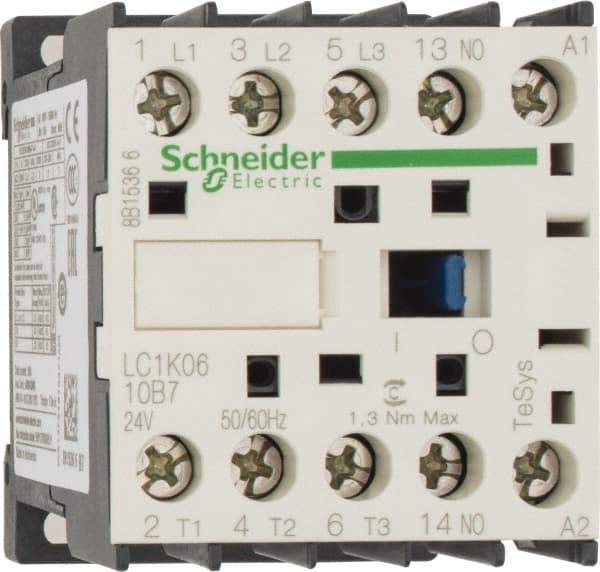 Schneider Electric - 3 Pole, 24 Coil VAC at 50/60 Hz, 6 Amp at 440 VAC, Nonreversible IEC Contactor - BS 5424, CSA, IEC 60947, NF C 63-110, RoHS Compliant, UL Listed, VDE 0660 - Strong Tooling