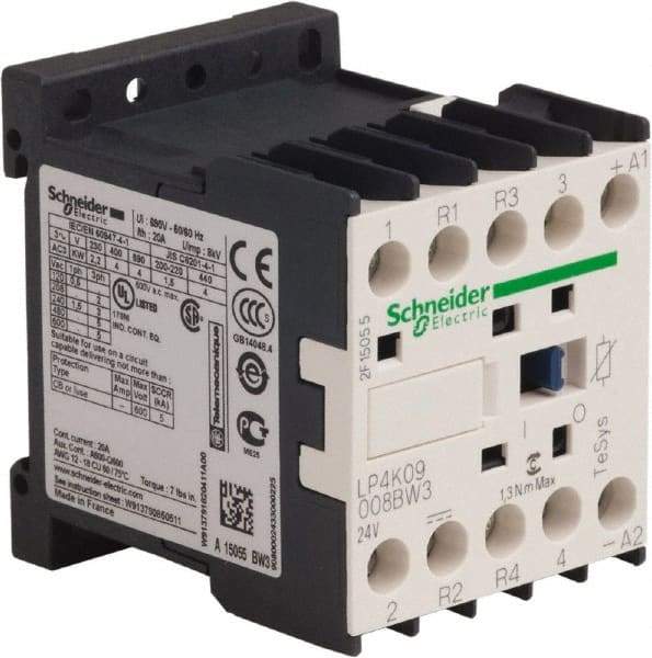 Schneider Electric - 4 Pole, 24 Coil VDC, 16 Amp at 690 VAC and 20 Amp at 440 VAC, Nonreversible IEC Contactor - BS 5424, CSA, IEC 60947, NF C 63-110, RoHS Compliant, UL Listed, VDE 0660 - Strong Tooling