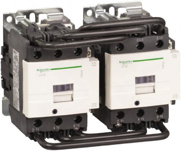 Schneider Electric - 3 Pole, 120 Coil VAC at 50/60 Hz, 80 Amp at 440 VAC, Reversible IEC Contactor - 1 Phase hp: 15 at 230/240 VAC, 7.5 at 115 VAC, 3 Phase hp: 20 at 200/208 VAC, 25 at 230/240 VAC, 60 at 460/480 VAC, 60 at 575/600 VAC - Strong Tooling