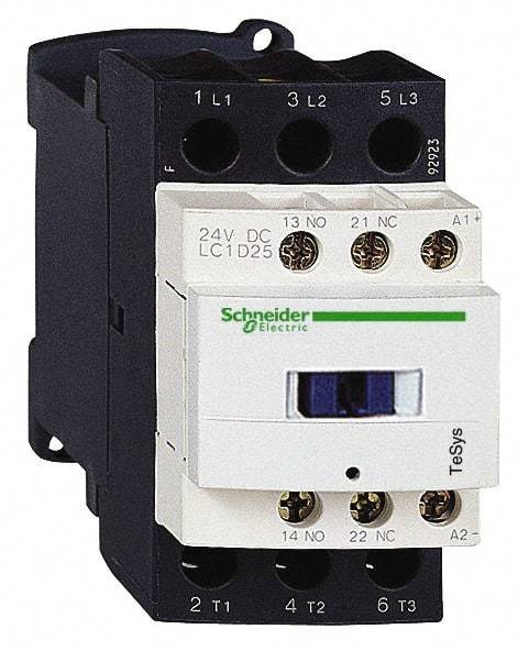 Schneider Electric - 3 Pole, 24 Coil VDC, 25 Amp at 440 VAC and 40 Amp at 440 VAC, Nonreversible IEC Contactor - 1 Phase hp: 2 at 115 VAC, 3 at 230/240 VAC, 3 Phase hp: 15 at 460/480 VAC, 20 at 575/600 VAC, 5 at 200/208 VAC, 7.5 at 230/240 VAC - Strong Tooling