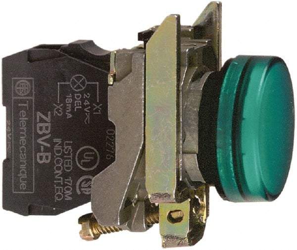 Schneider Electric - 110-120 VAC at 50/60 Hz Green Lens LED Pilot Light - Round Lens, Screw Clamp Connector, 30mm Wide, Vibration Resistant, Water Resistant - Strong Tooling