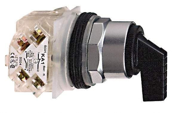 Schneider Electric - 1.18 Inch Mount Hole, 3 Position, Knob and Pushbutton Operated, Selector Switch - Black, Momentary (MO), 2NO/2NC, Weatherproof and Dust and Oil Resistant - Strong Tooling