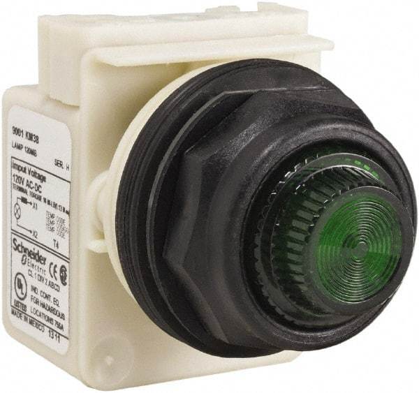 Schneider Electric - 120 V Green Lens Indicating Light - Round Lens, Screw Clamp Connector, Corrosion Resistant, Dust Resistant, Oil Resistant - Strong Tooling