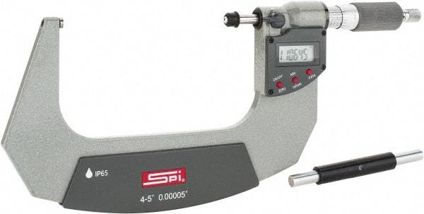 SPI - 4 to 5" Range, 0.00005" Resolution, Double Ratchet IP65 Electronic Outside Micrometer - 0.0002" Accuracy, Ratchet-Friction Thimble, Carbide Face, CR2032 Battery, Includes NIST Traceable Certification of Inspection - Strong Tooling