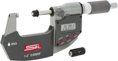 SPI - 1 to 2" Range, 0.00005" Resolution, Double Ratchet IP65 Electronic Outside Micrometer - 0.0002" Accuracy, Ratchet-Friction Thimble, Carbide Face, CR2032 Battery, Includes NIST Traceable Certification of Inspection - Strong Tooling