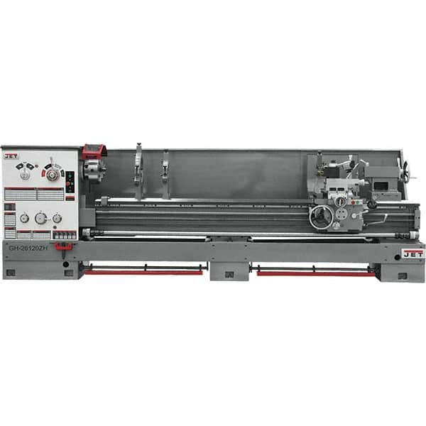 Jet - 26" Swing, 120" Between Centers, 230/460 Volt, Triple Phase Engine Lathe - 6MT Taper, 10 hp, 40 to 1,800 RPM, 4-1/8" Bore Diam - Strong Tooling