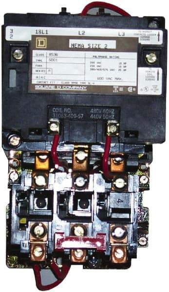 Square D - 220 Coil VAC at 50 Hz, 240 Coil VAC at 60 Hz, 45 Amp, NEMA Size 2, Nonreversible Open Enclosure NEMA Motor Starter - 3 Phase hp: 10 at 200 VAC, 15 at 230 VAC, 25 at 460 VAC, 25 at 575 VAC - Strong Tooling