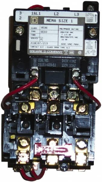 Square D - 24 Coil VAC at 60 Hz, 27 Amp, NEMA Size 1, Nonreversible Open Enclosure NEMA Motor Starter - 3 Phase hp: 10 at 460 VAC, 10 at 575 VAC, 7-1/2 at 200 VAC, 7-1/2 at 230 VAC - Strong Tooling