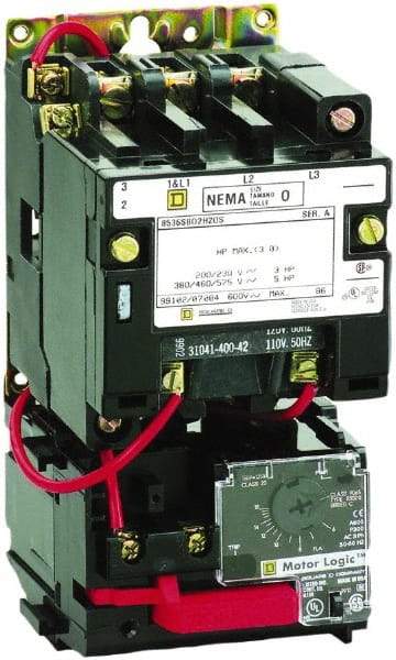 Square D - 110 Coil VAC at 50 Hz, 120 Coil VAC at 60 Hz, 9 Amp, Nonreversible Open Enclosure NEMA Motor Starter - 3 Phase hp: 1-1/2 at 200 VAC, 1-1/2 at 230 VAC, 2 at 460 VAC, 2 at 575 VAC - Strong Tooling