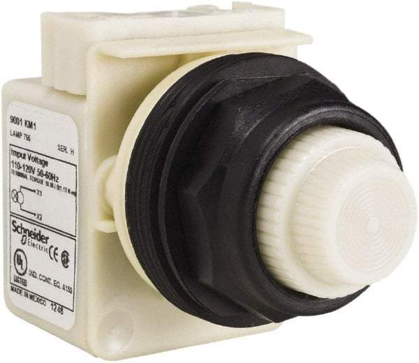 Schneider Electric - 110 VAC at 50/60 Hz via Transformer, 120 VAC at 50/60 Hz via Transformer White Lens Indicating Light - Round Lens, Screw Clamp Connector, Corrosion Resistant, Dust Resistant, Oil Resistant - Strong Tooling