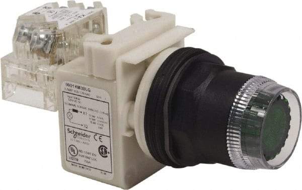 Schneider Electric - 30mm Mount Hole, Extended Straight, Pushbutton Switch with Contact Block - Green Pushbutton, Momentary (MO) - Strong Tooling