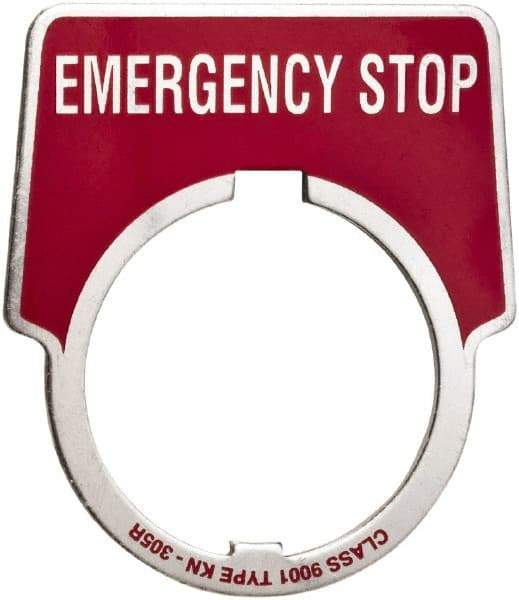 Schneider Electric - Aluminum Legend Plate - Emergency Stop - Black Background, 30mm Hole Diameter, 1-3/4 Inch Wide - Strong Tooling