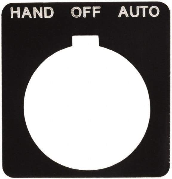 Schneider Electric - Square, Plastic Legend Plate - Hand-Off-Auto - Black Background, White Letters, 1.2 Inch Hole Diameter, 1-3/4 Inch Square - Strong Tooling