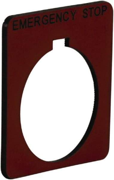 Schneider Electric - Square, Plastic Legend Plate - Emergency Stop - Red Background, Black Letters, 1.2 Inch Hole Diameter, 1-3/4 Inch Square - Strong Tooling