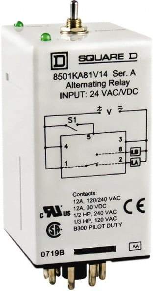 Square D - 11 Pins, 1/2 hp at 240 Volt & 1/3 hp at 120 Volt, Electromechanical Plug-in General Purpose Relay - 12 Amp at 240 VAC, DPDT, 24 VAC/VDC, 36mm Wide x 65mm High x 44mm Deep - Strong Tooling