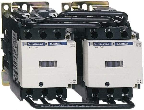 Schneider Electric - 3 Pole, 120 Coil VAC at 50/60 Hz, 50 Amp, Reversible IEC Contactor - Bureau Veritas, CCC, CSA, CSA C22.2 No. 14, DNV, EN/IEC 60947-4-1, EN/IEC 60947-5-1, GL, GOST, LROS, RINA, UL 508, UL Listed - Strong Tooling