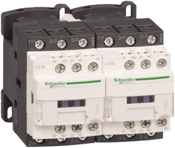 Schneider Electric - 3 Pole, 220 Coil VAC at 50/60 Hz, 12 Amp at 440 VAC, Reversible IEC Contactor - 1 Phase hp: 1 at 115 VAC, 2 at 230/240 VAC, 3 Phase hp: 10 at 575/600 VAC, 3 at 200/208 VAC, 3 at 230/240 VAC, 7.5 at 460/480 VAC - Strong Tooling