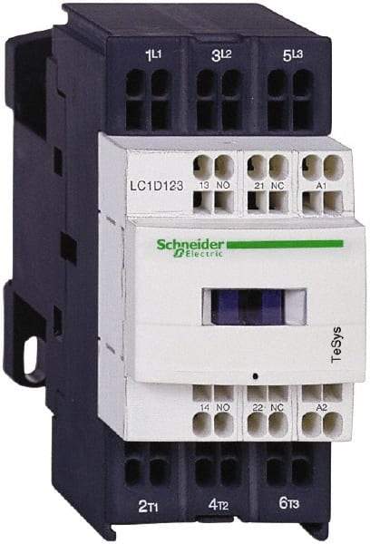 Schneider Electric - 3 Pole, 24 Coil VDC, 12 Amp at 440 VAC and 16 Amp at 440 VAC, Nonreversible IEC Contactor - 1 Phase hp: 1 at 115 VAC, 2 at 230/240 VAC, 3 Phase hp: 10 at 575/600 VAC, 3 at 200/208 VAC, 3 at 230/240 VAC, 7.5 at 460/480 VAC - Strong Tooling