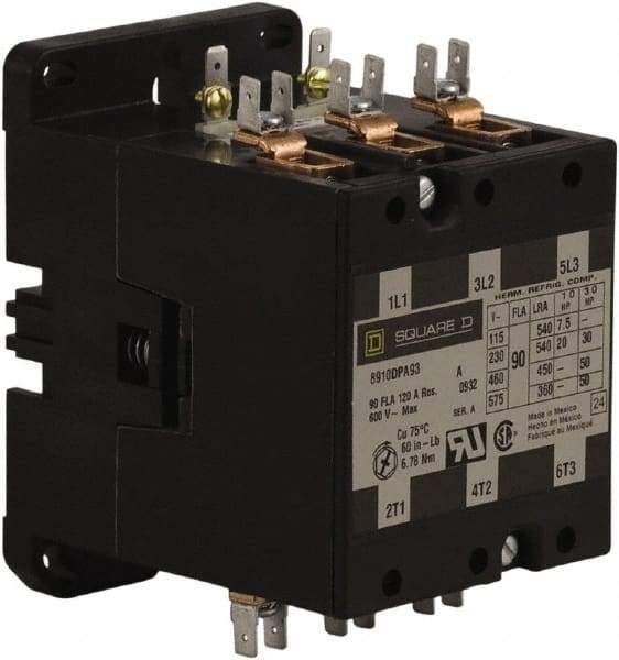 Square D - 3 Pole, 90 Amp Inductive Load, 277 Coil VAC at 60 Hz, Definite Purpose Contactor - Phase 1 and Phase 3 Hp:  20 at 230 VAC, 30 at 230 VAC, 50 at 460 VAC, 50 at 575 VAC, 7.5 at 115 VAC, 120 Amp Resistive Rating, CE, CSA, UL Listed - Strong Tooling