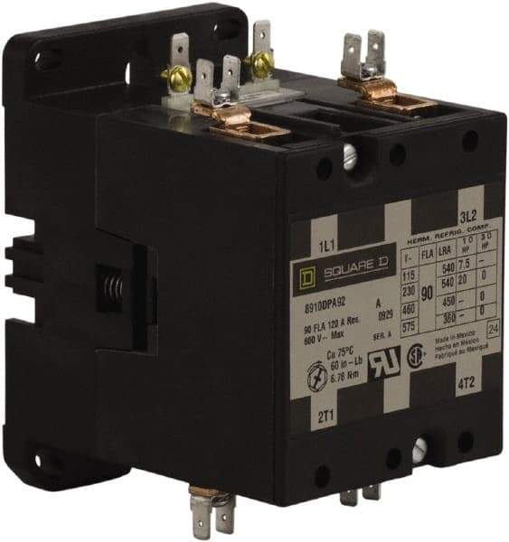 Square D - 2 Pole, 90 Amp Inductive Load, 110 Coil VAC at 50 Hz and 120 Coil VAC at 60 Hz, Definite Purpose Contactor - Phase 1 Hp:  20 at 230 VAC, 7.5 at 115 VAC, 120 Amp Resistive Rating, CE, CSA, UL Listed - Strong Tooling